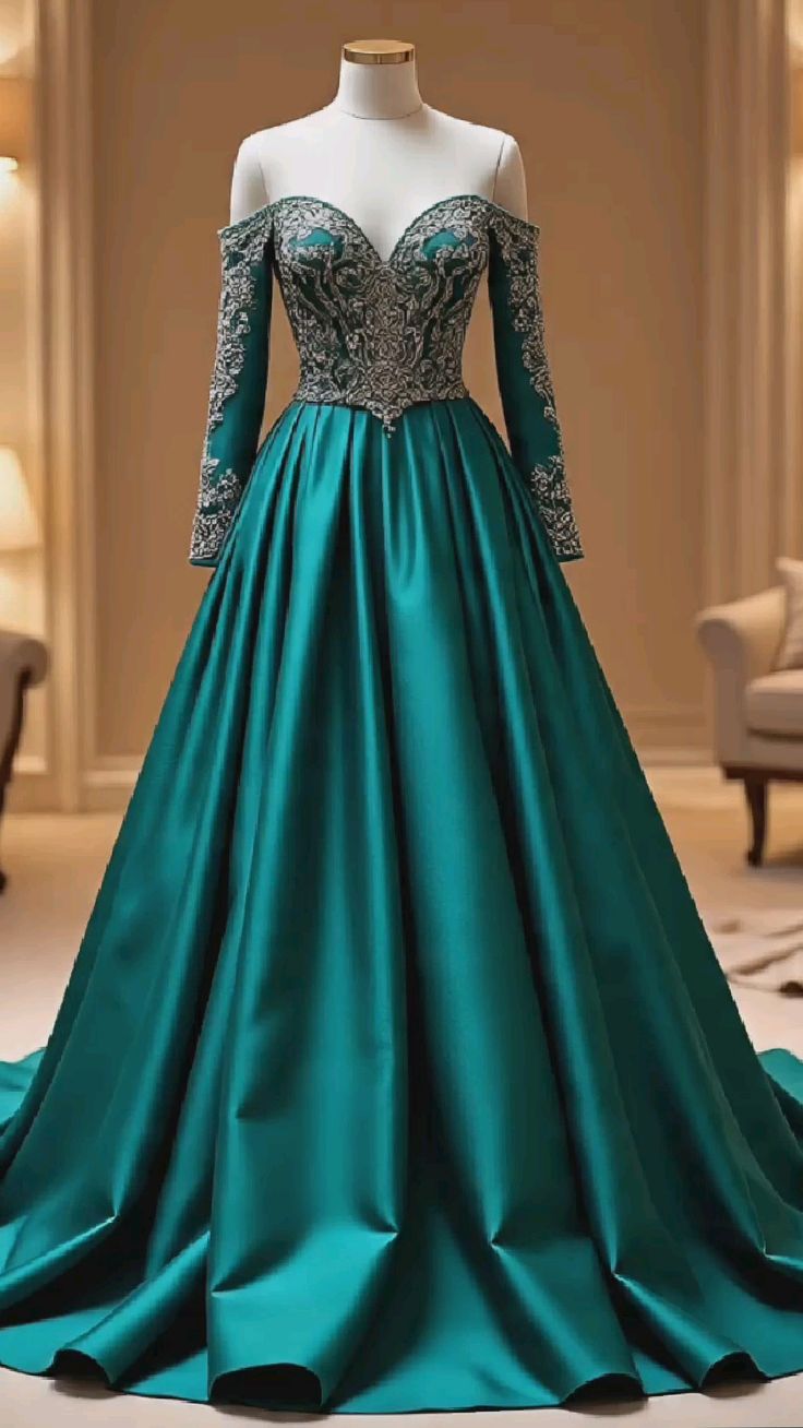 Robe de soirée NiceVestidos - Turquoise, satin et dentelle, épaules dénudées, manches longues, traîne au sol NV6170