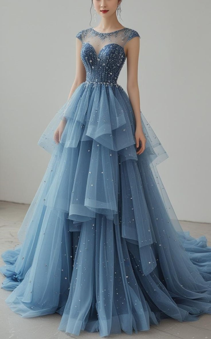 Starlight Luxury Fairy Style Crew Neck Gown | Dusty Blue Beaded Multi-Layer Tulle Ballgown Train Maxi Dress for Gala Red Carpet High-End Social Event NV6285