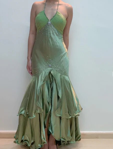 Robe de soirée longue verte vintage à perles nv2098