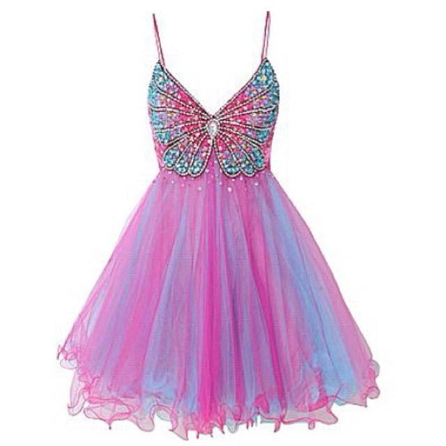 Pink Fashion Gradient Butterfly Beaded Short Chiffon Fantasy Fairy Homecoming Dress Birthday Party Dress nv5192