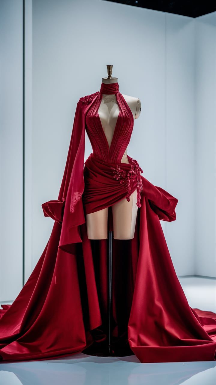 NiceVestidos-Burgundy Satin Halter-Neck Deep V Slit Train High-Customization Gown NV6222
