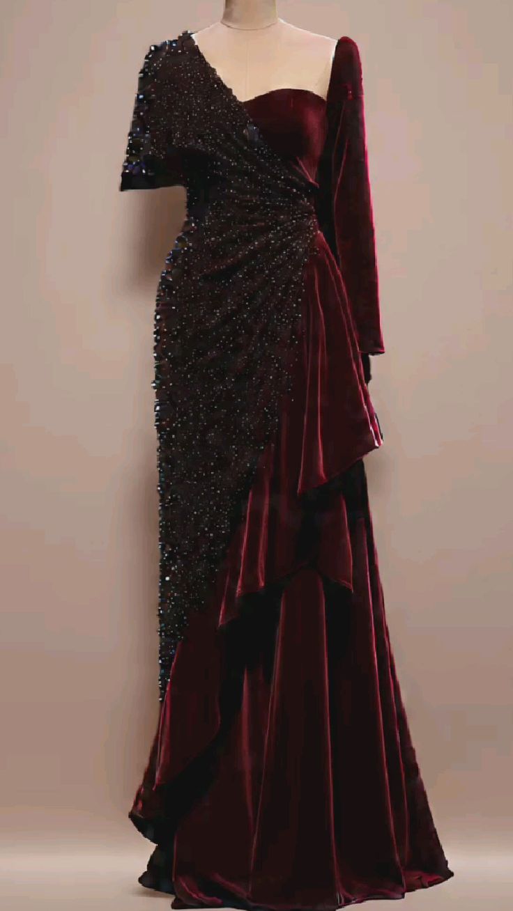NiceVestidos-Burgundy Velvet and Sequin Paneled One-Shoulder Long Sleeve Floor-Length Ruffled Gown NV6171