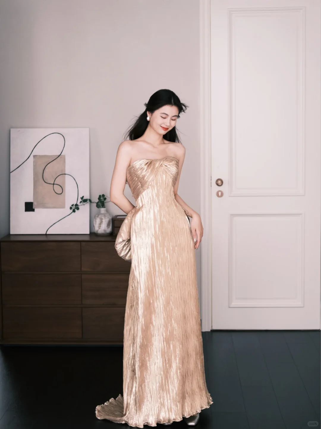 Champagne Gold Strapless Metallic Prom Dress Big Bow Evening Gown NV7221