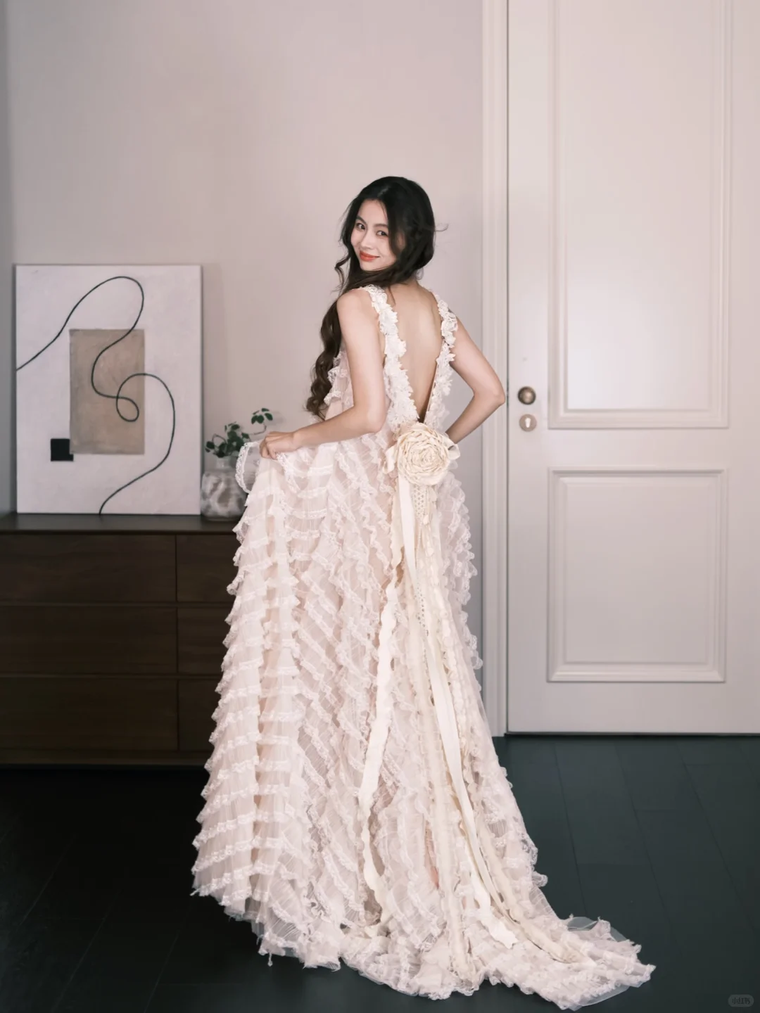 Champagne Lace Tiered Ruffle Tulle Wedding Dress NV7319