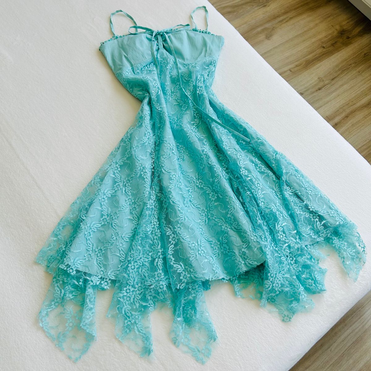 NiceVestidos--Blue exquisite lace chiffon spaghetti strap short prom dress fairy dress NV5707