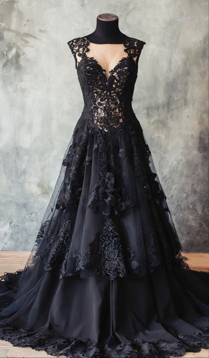 Gothic Luxury Style Cutout Deep V Gown | Black Lace 3D Flower Ballgown Train Maxi Dress for Retro Theme Party High-End Dinner NV6282