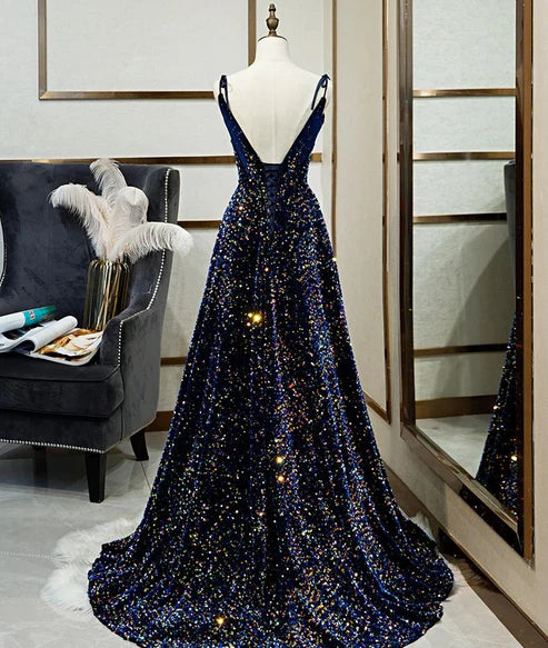Black Shiny Elegant Long A-Line Back Tie Evening Prom Gown Party Dress nv4173