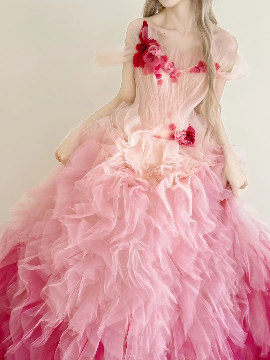 Ombre Fuchsia Strapless Tulle Ball Gown 3D Floral Prom Dress NV7178