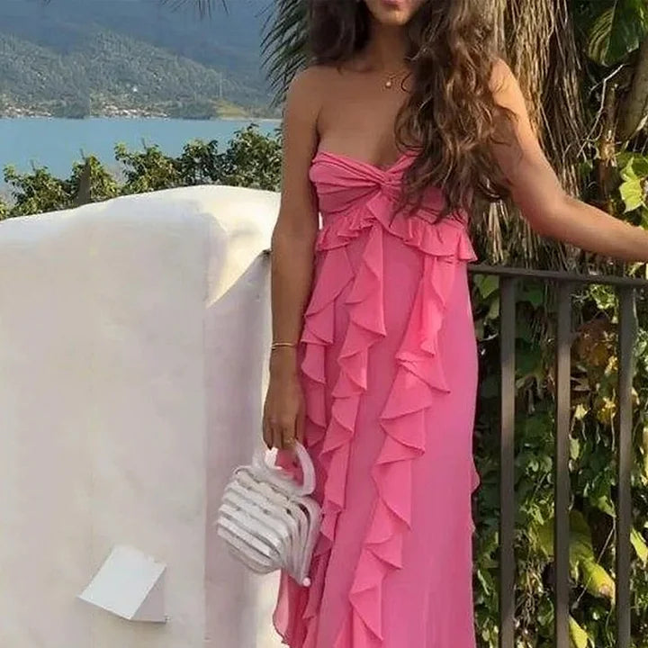 Pink Fashion Strapless Off-shoulder Waist Irregular Ruffle Long Elegant Ball Gown Evening Gown Party Dress nv3333