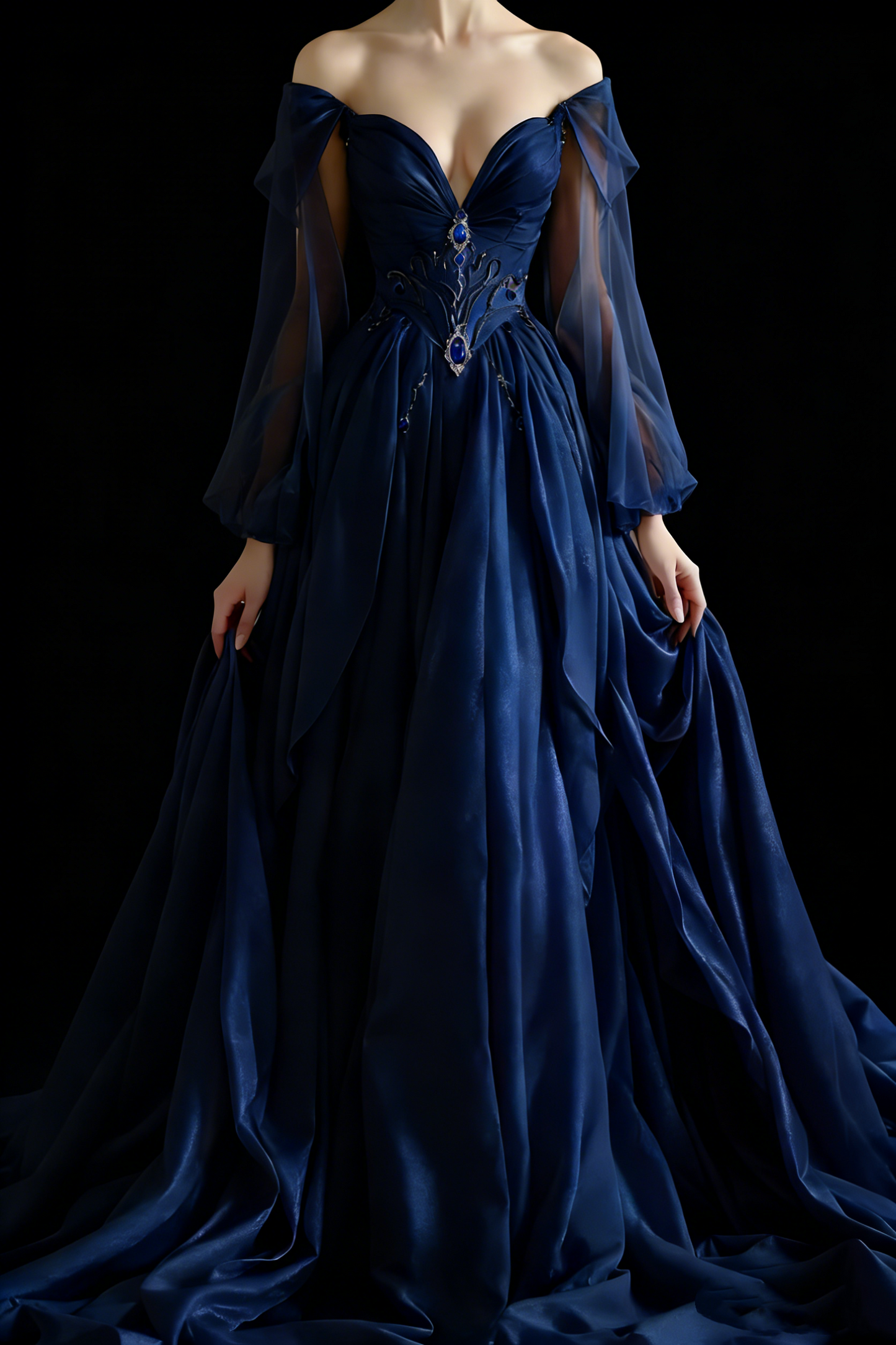 Navy Blue Palace-style Off-the-shoulder Gown: Gemstone Trim, Sheer Sleeve, Evening Luxury Maxi Dress NV6421