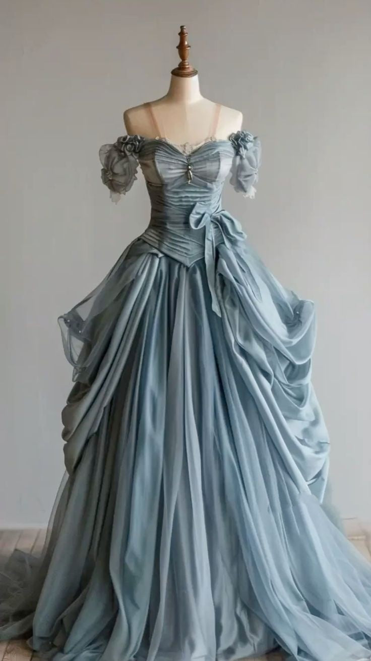 Mist Fairy Luxury Style Grey-Blue Off-Shoulder 3D Flower Court Ballgown - Spring Tea Party & Wedding Dress NV6383