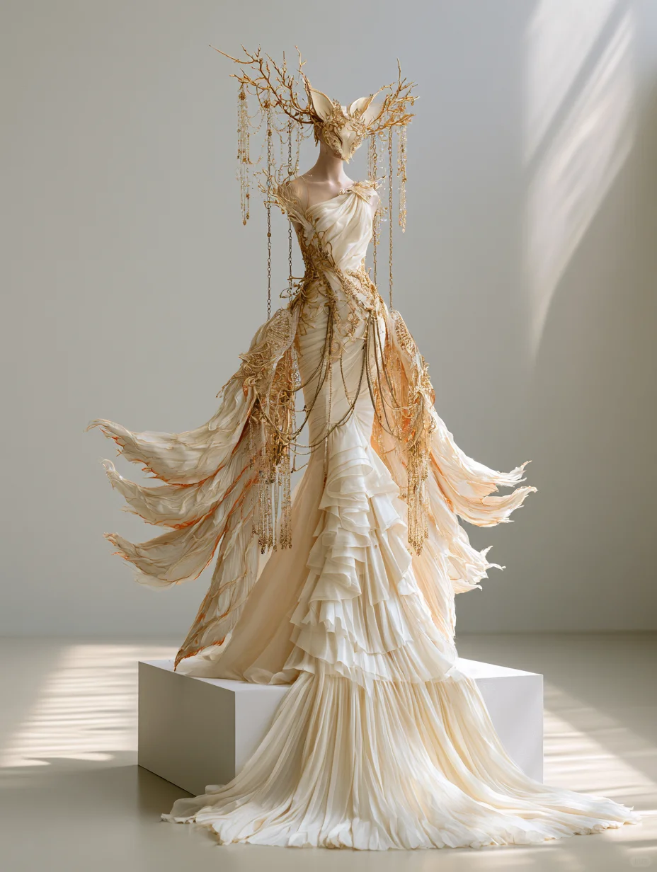 Ivory One Shoulder Gold Embellished Ruffled Chiffon Mermaid Gown NV7472