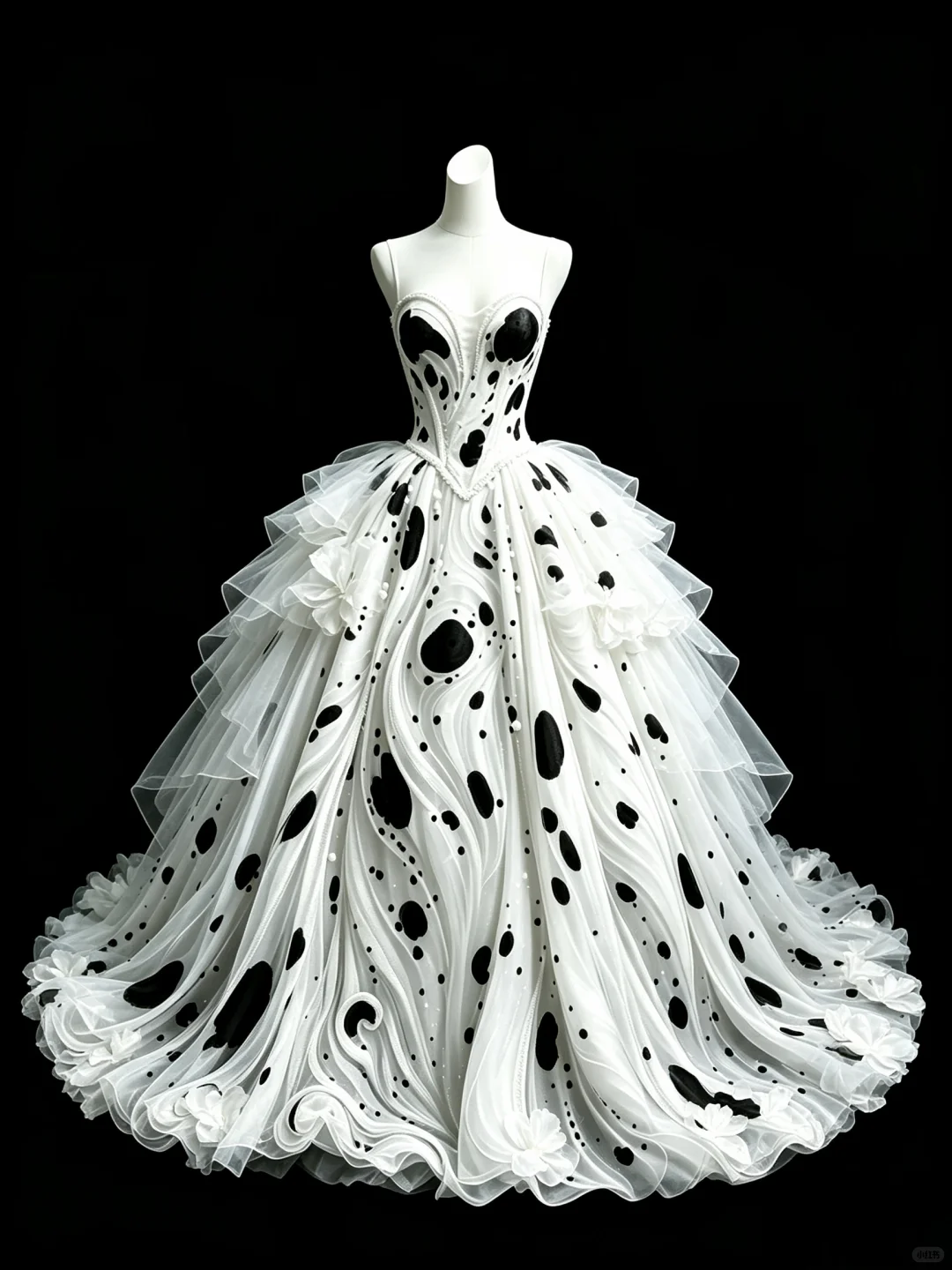 White Ball Gown with Abstract Black Spot Print, Strapless Sweetheart 3D Flower Tulle Evening Dress NV7457