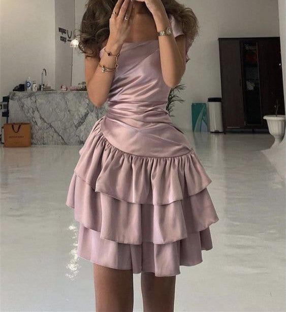 Robe de soirée courte en satin rose à épaules dénudées, robe d'anniversaire, robe de soirée nv2402