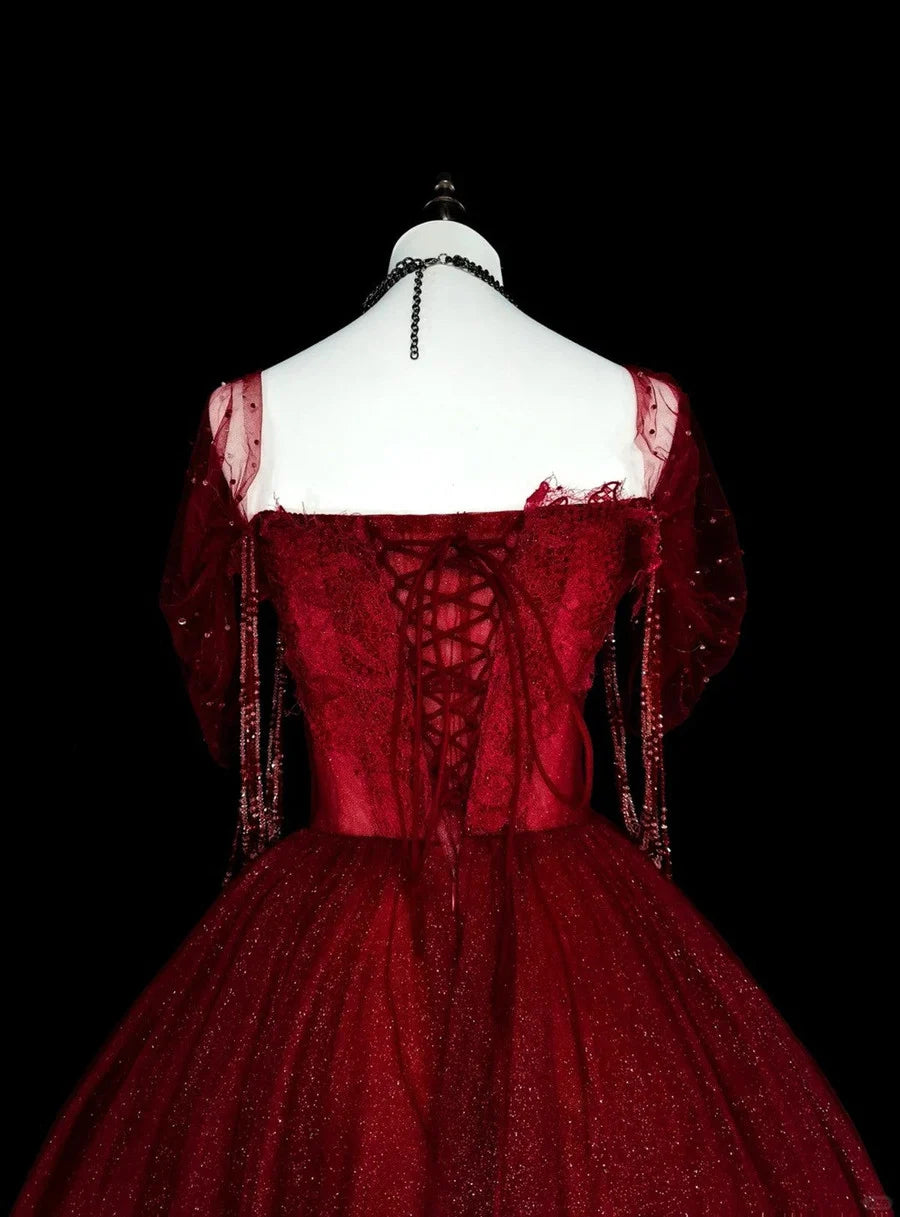 Burgundy sweetheart beaded tulle dress off the shoulder sweet 16 years old dress nv4283
