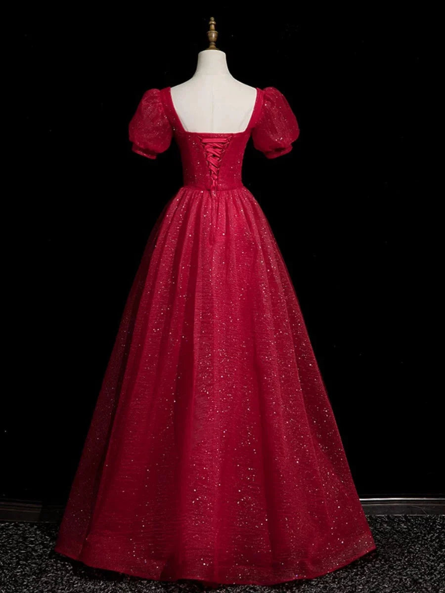 Robe de soirée trapèze bordeaux à manches courtes et perles, en tulle, longue, robe de bal, nv4280