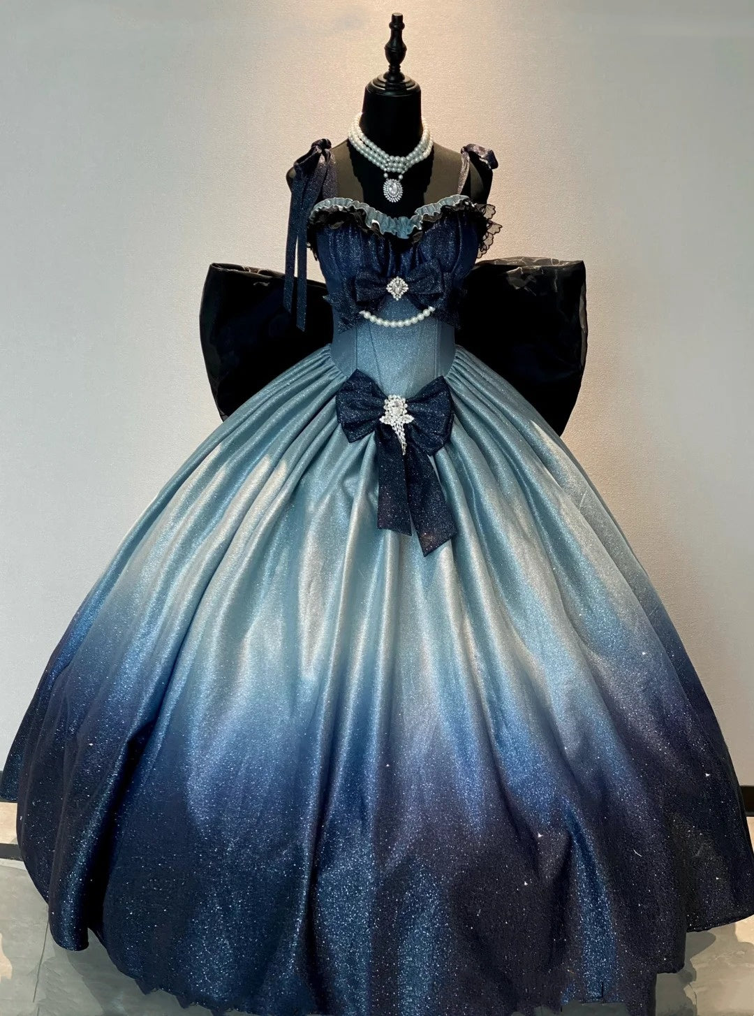 Blue Shiny Retro Fashion Gradient Sweetheart Neck Bow Embellished Long Floor Length Satin Princess Ball Gown Evening Gown Birthday Gown nv4136