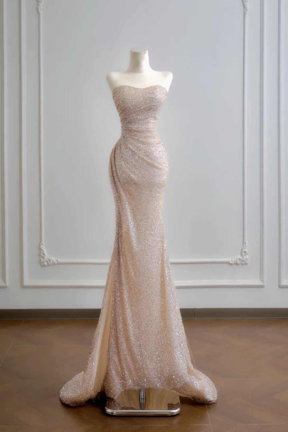 Strapless Sequin Champagne Mermaid Gown Draped Waist Train Formal Evening Dress NV6879
