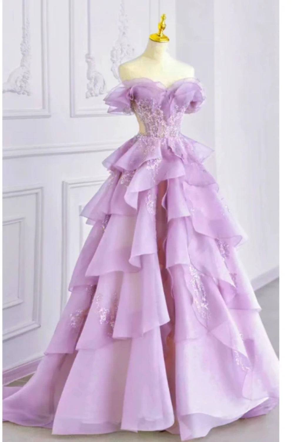 Lilac Elegant Fairy A-line Off-shoulder Long Tulle Ball Gown Evening Dress nv3520