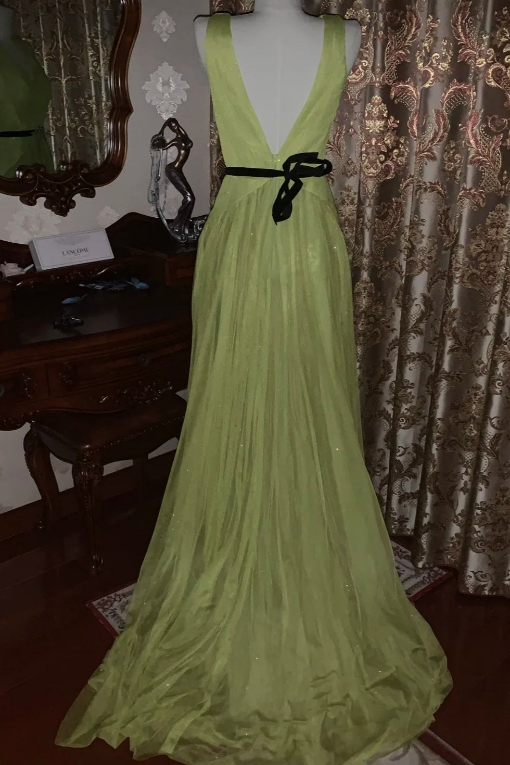 Modern Luxury Style Avocado Green Deep V Backless Sleeveless Train Gown - Showstopper Dress for Dinner & Cocktail Party NV6367