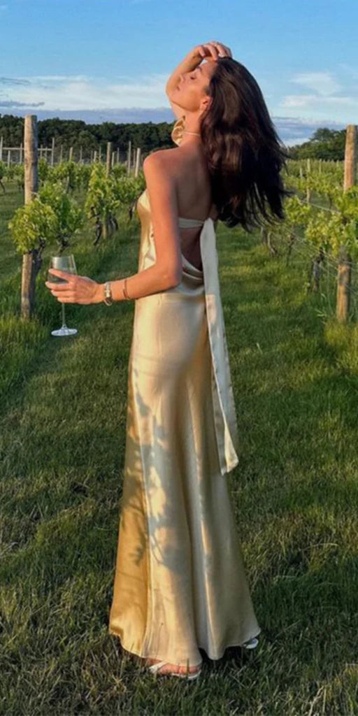 Robe de soirée longue en satin, élégante et tendance, sans manches, décolleté en cœur, style sirène, couleur champagne, nv3804