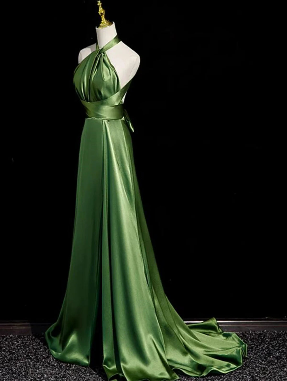Green Soft Satin Halter Long Evening Dress Party Dress, Green A-Line Prom Dress nv1593