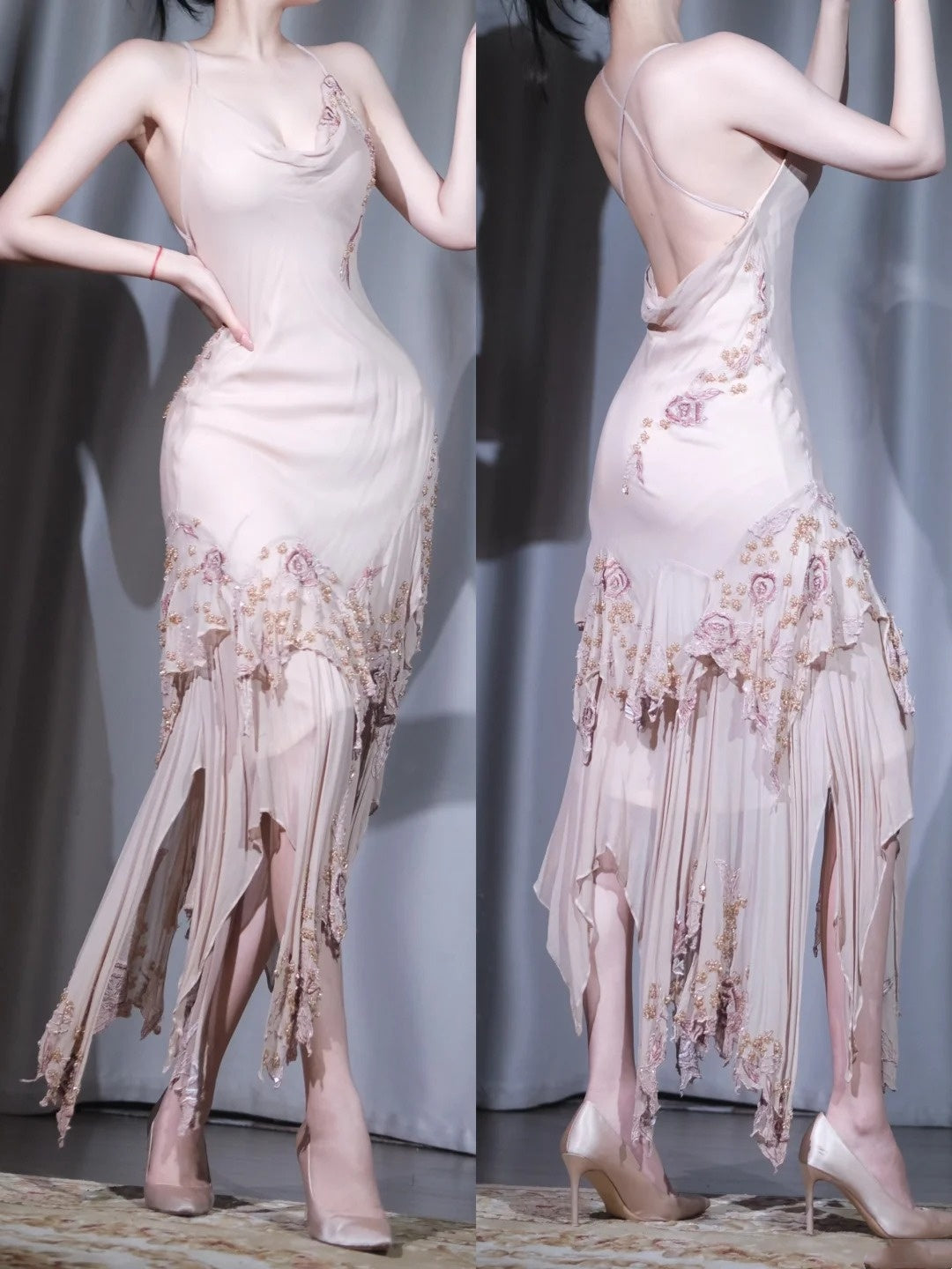 Blush Dream - Backless Cami Lace Embroidered Gown with Asymmetric Fringe Hem, Evening Dress NV6851