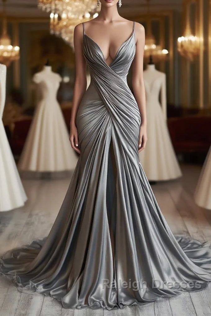 High-End Cool-Elegant Style Spaghetti Strap Deep V Gown | Silver-Gray Satin Ruched Mermaid Train Maxi Dress for Gala Red Carpet High-End Business Social Event NV6277