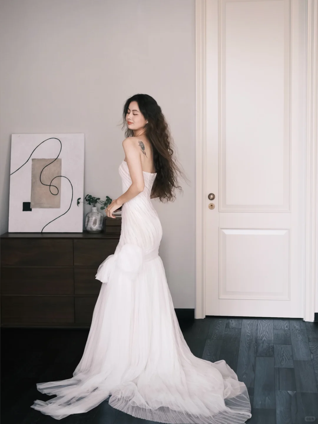 Strapless Ruched Tulle Mermaid Bridal Gown with 3D Flower & Train NV7366