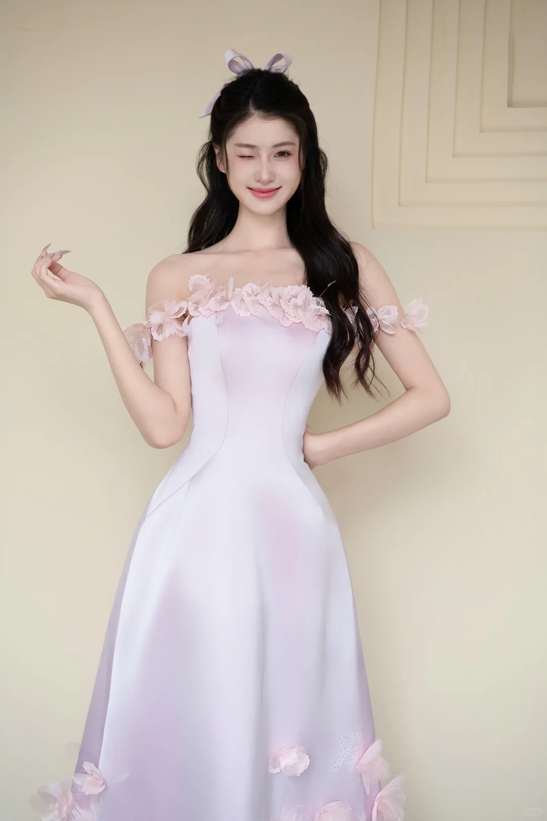 Off Shoulder Gradient Lavender Satin Evening Dress, 3D Pink Flower Petal Prom Gown NV7433