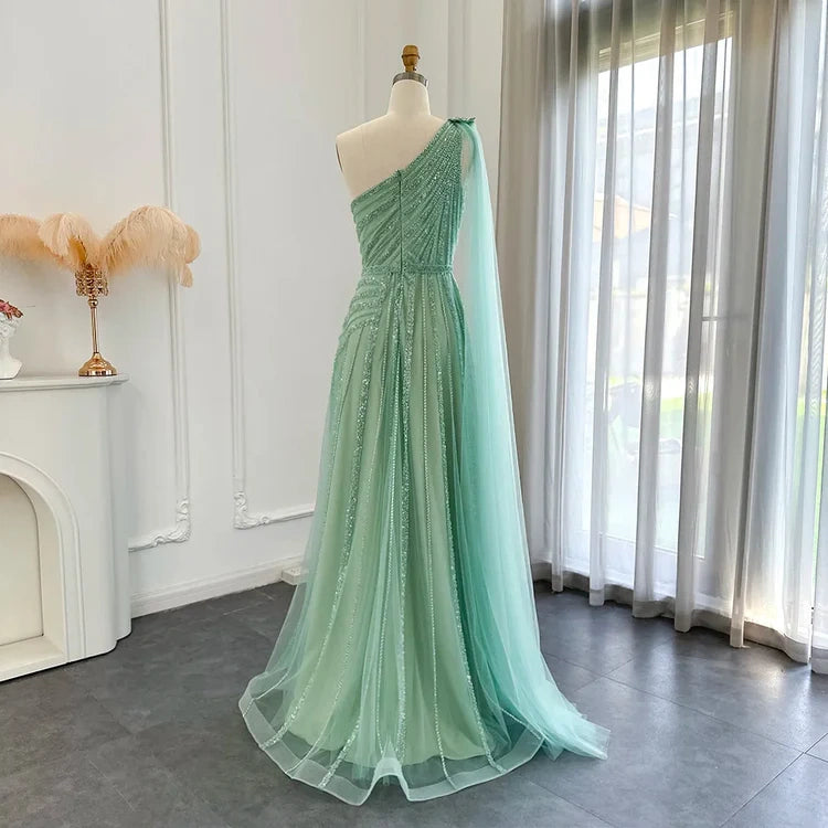 Grünes luxuriöses One-Shoulder-Abendkleid mit funkelnden Perlen und Pailletten, langes Ballkleid, Partykleid nv2683