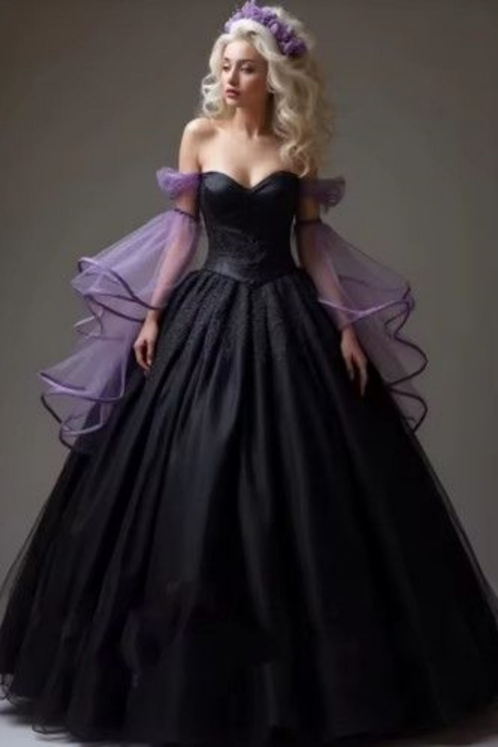 NiceVestidos-Black Tulle and Purple Sheer Off-Shoulder Long Sleeve Floor-Length Ball Gown NV6160