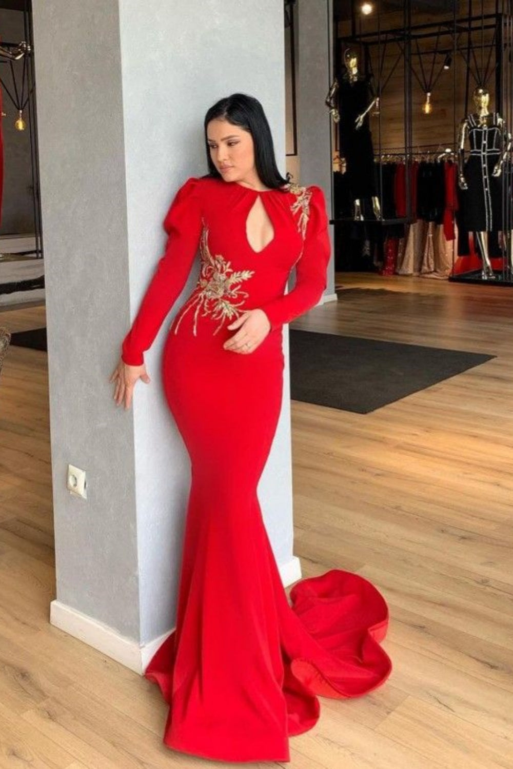 red long sleeve fishtail dress One Step Ahead