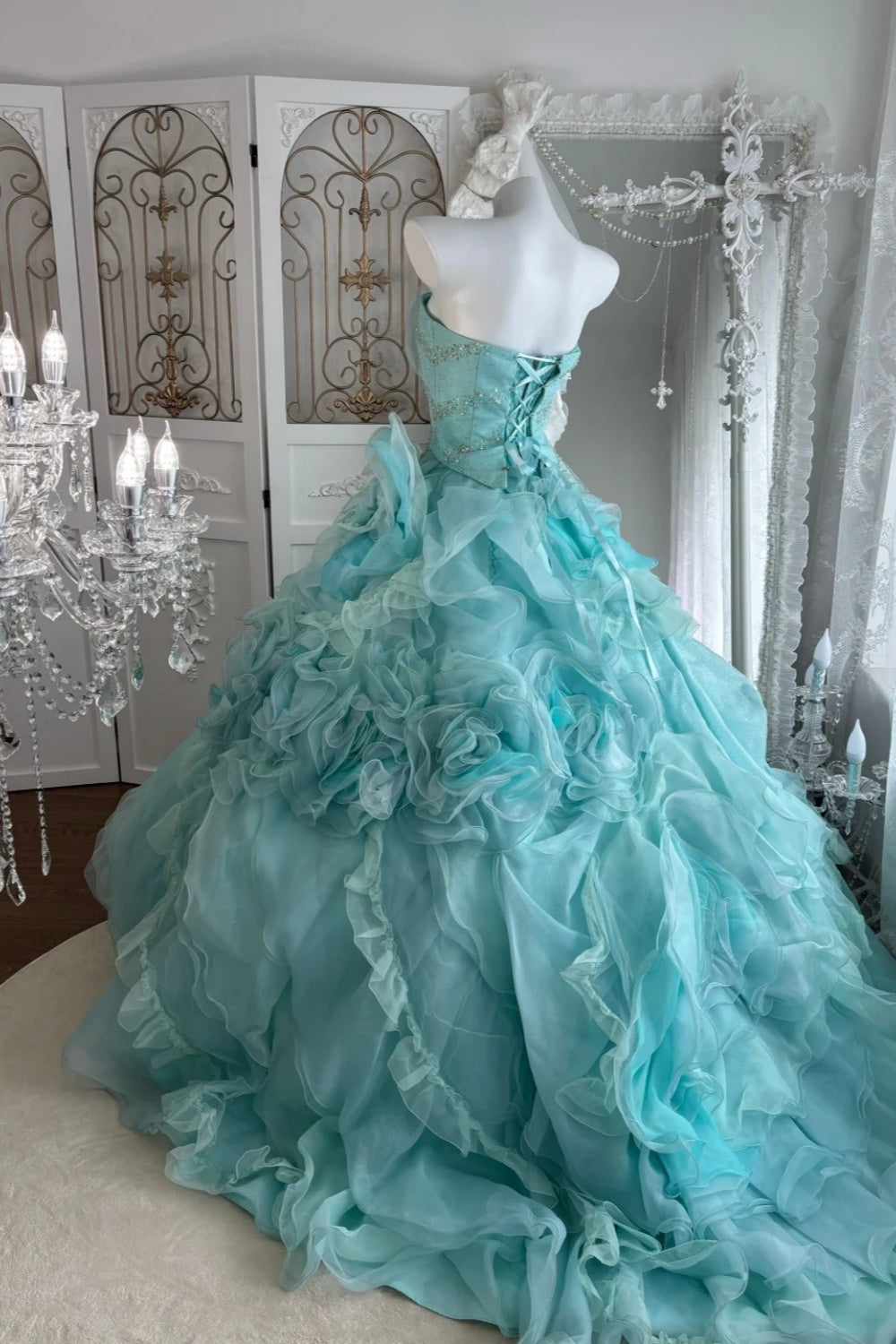 Mint Enchantment - Strapless Beaded 3D Floral Ball Gown, Layered Ruffle Train Evening Dress NV6845
