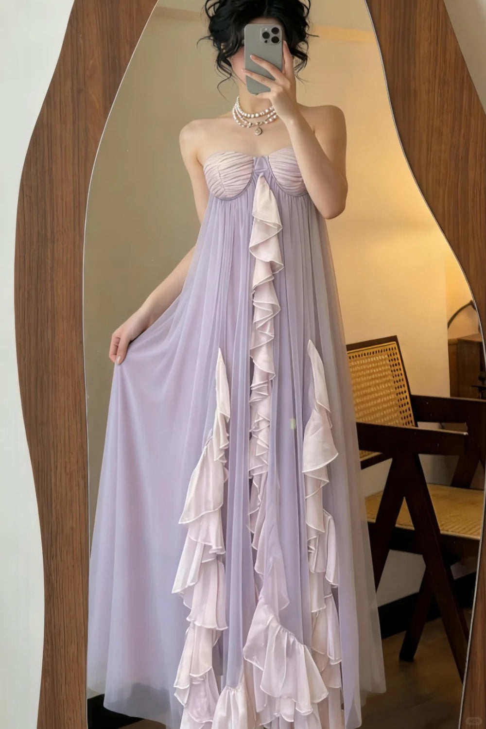 Lavender Pink Ombre Chiffon Strapless Ruffled Maxi Evening Dress NV6556