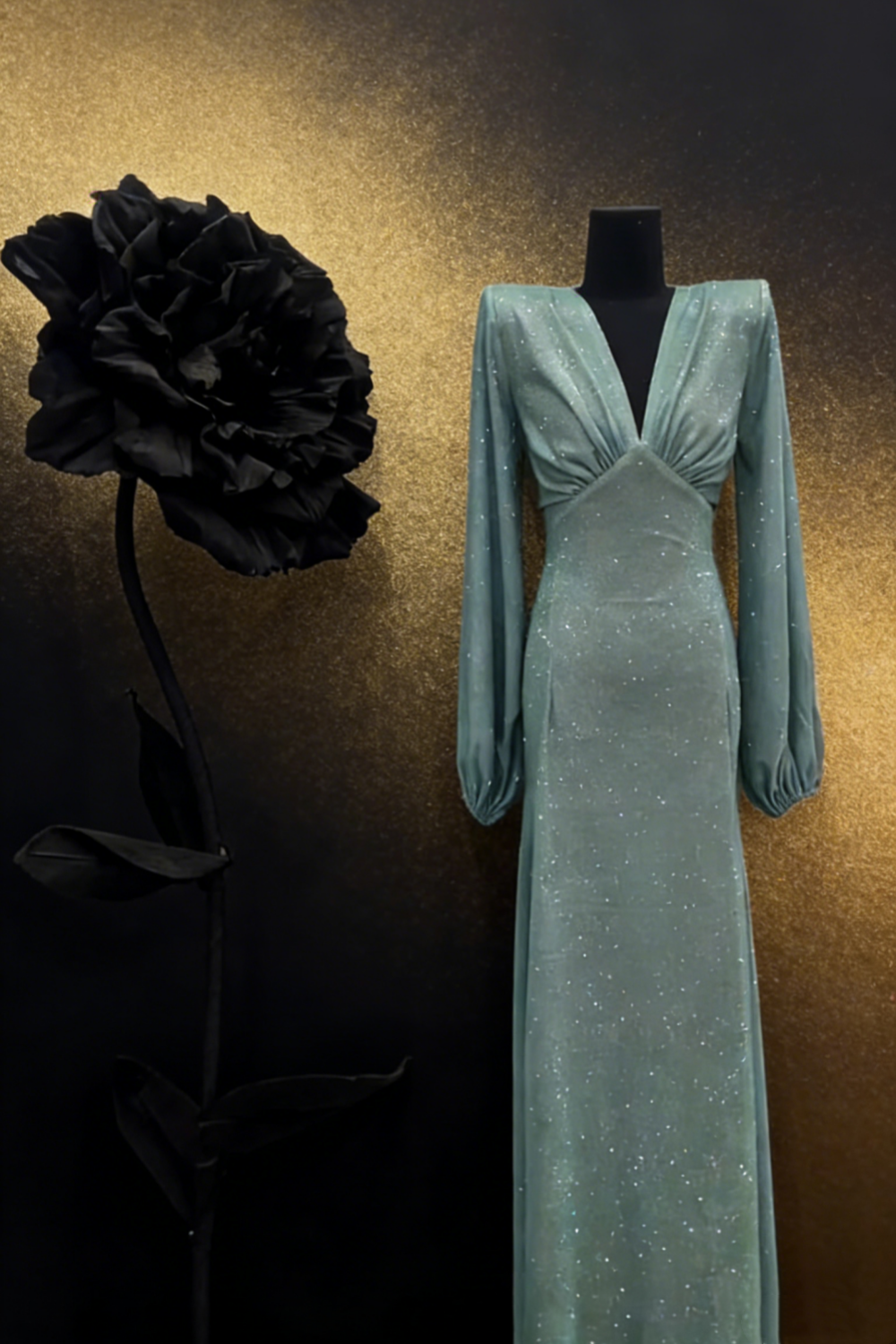 Grünes, schimmerndes Abendkleid mit V-Ausschnitt – Frisches, ätherisches Maxikleid mit Puffärmeln, schmal geschnitten, NV6798