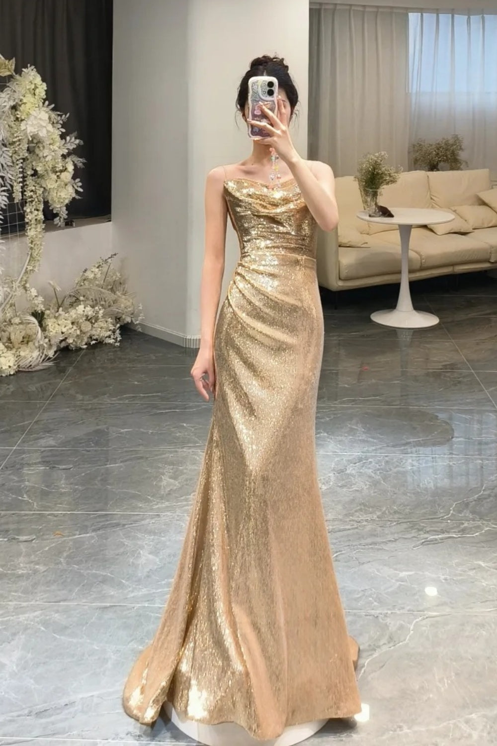 NiceVestidos--Spiritual Fairyland Style:Champagne Gold Silk Sash - Shoulder Sleeveless Train - Dragging Party Dres NV5818