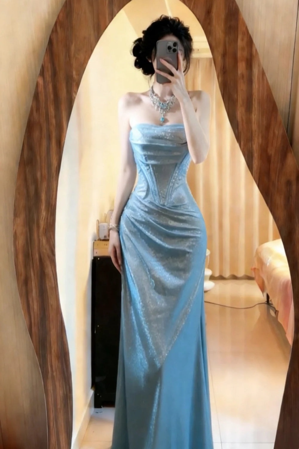 Blue long satin Prom dress NV6666