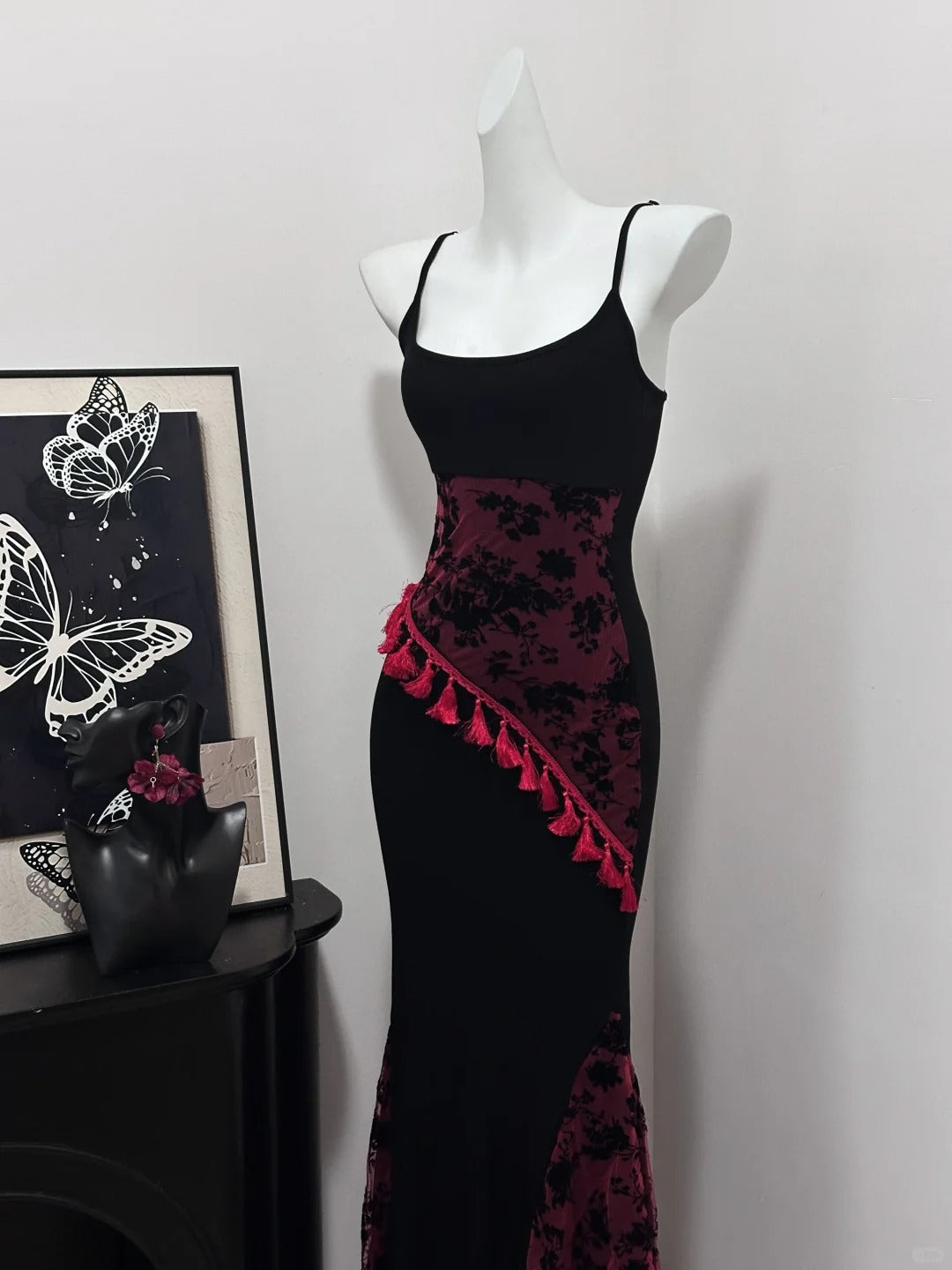 Rot Schwarz Vintage Elegant Exquisite Quaste Floral Langes Satin Ballkleid Abendkleid Geburtstagsparty Kleid Abendkleid nv4051