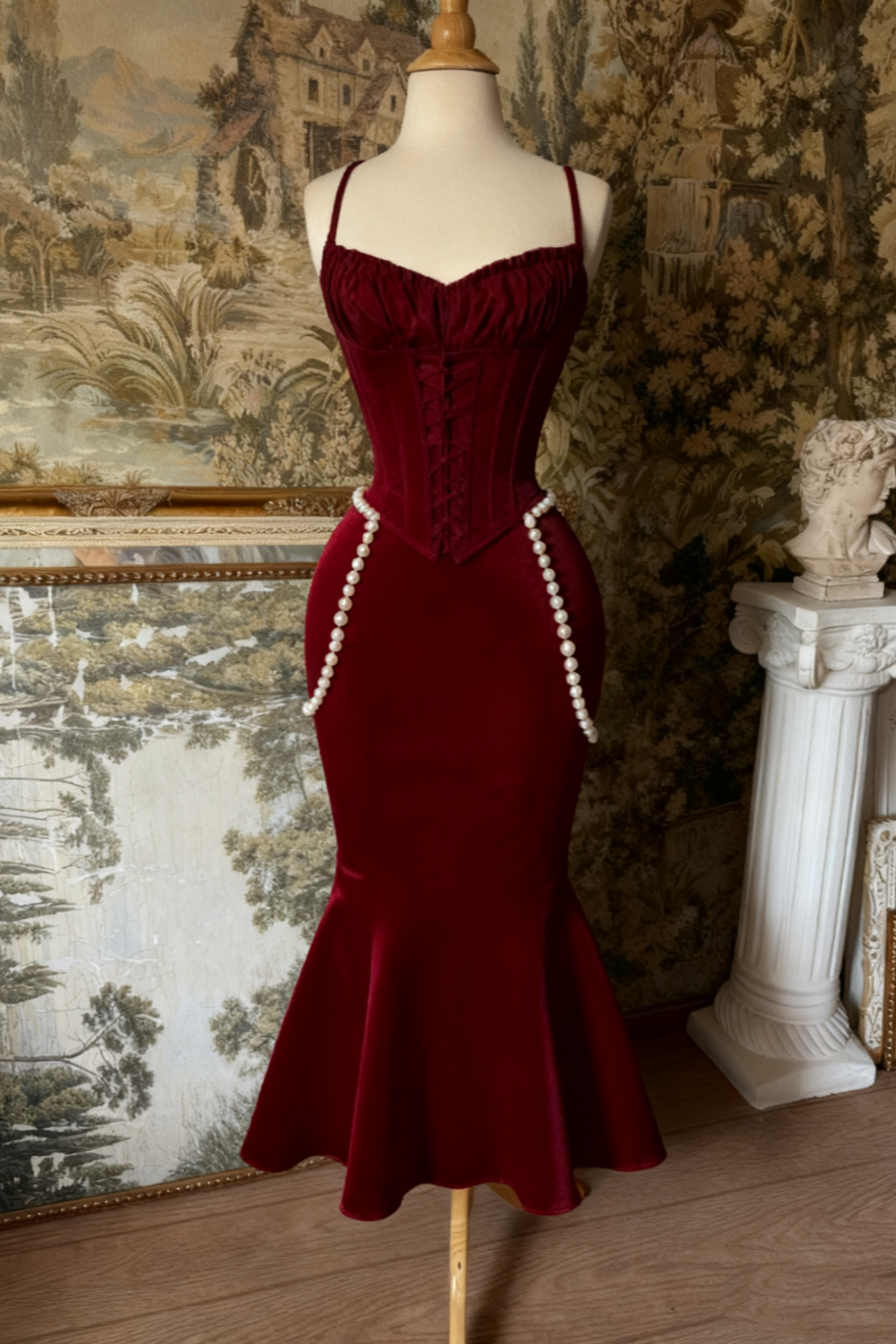 (Exclusive Original Design Dress)Spaghetti Strap Burgundy Velvet Mermaid Dress | Luxury Elegant Pearl Corset Midi Gown for Gala Party NV6308