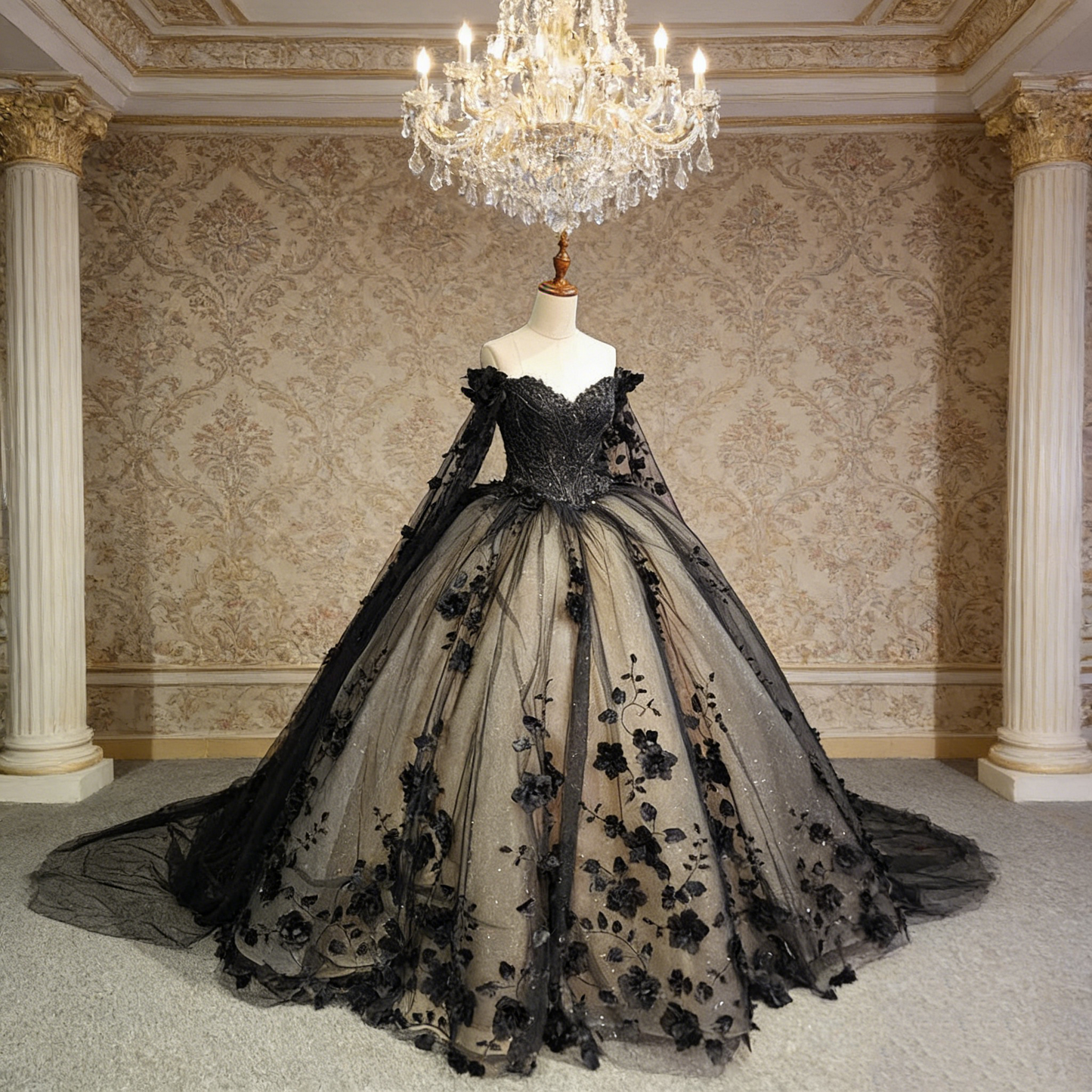 Black & White Lace Contrast Train Bridal Gown - Gothic Themed Wedding Dress NV6777