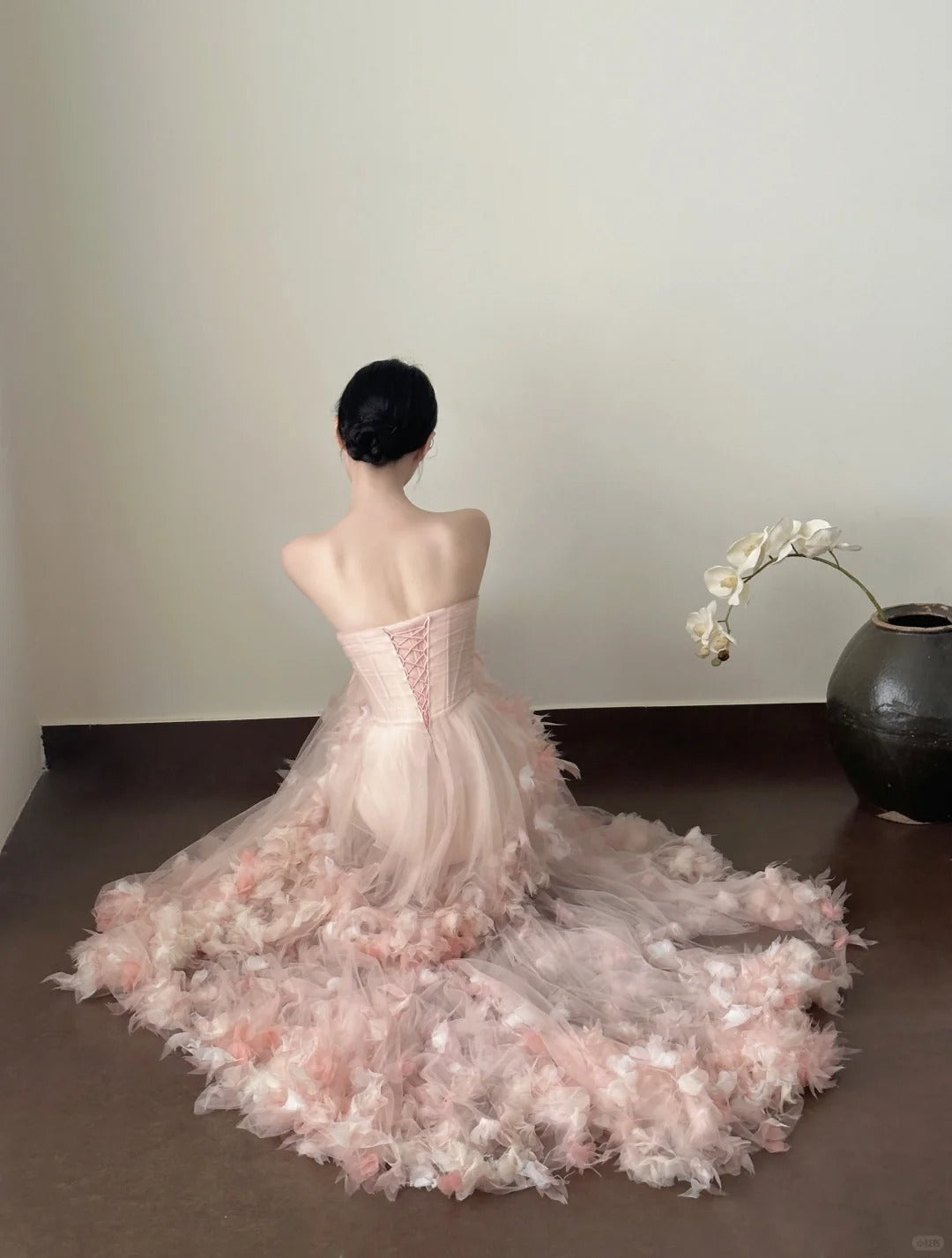 Pink Elegant Retro Fashion Romantic Long Floor Length Trailing Chiffon Tulle Ball Gown Evening Dress Birthday/Vacation/Wedding Dress Ball Gown Wedding Dress nv4075