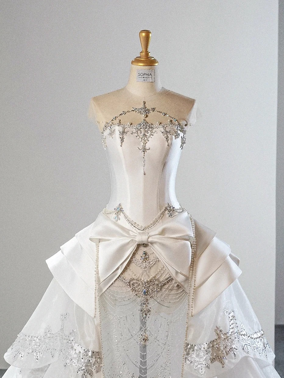 White Luxurious Gorgeous Exquisite Beaded Long Satin Floor Length princess Ball Gown Evening Gown Wedding Dress nv4125