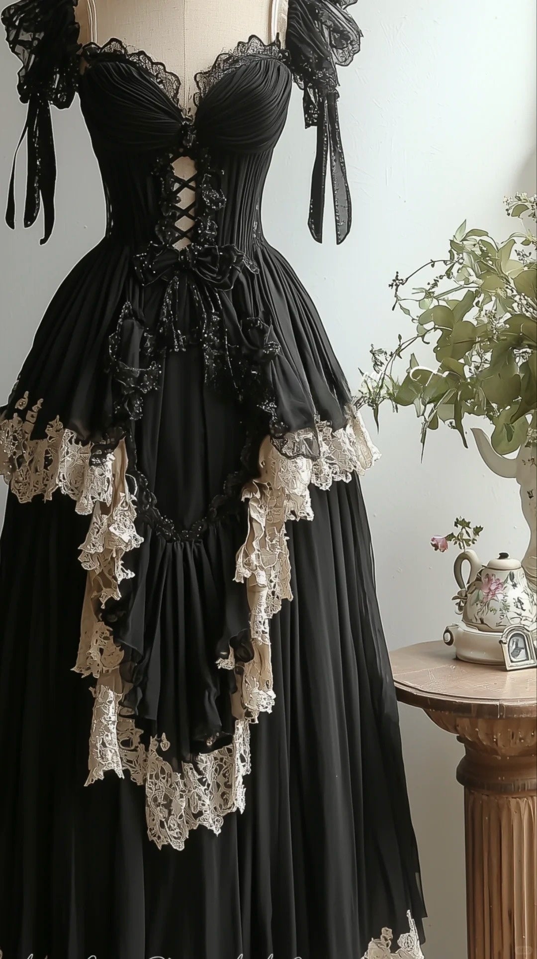 Black Vintage Lace Tulle Long Homecoming Dress Prom Dress Evening Dress Birthday Party Dress nv4718