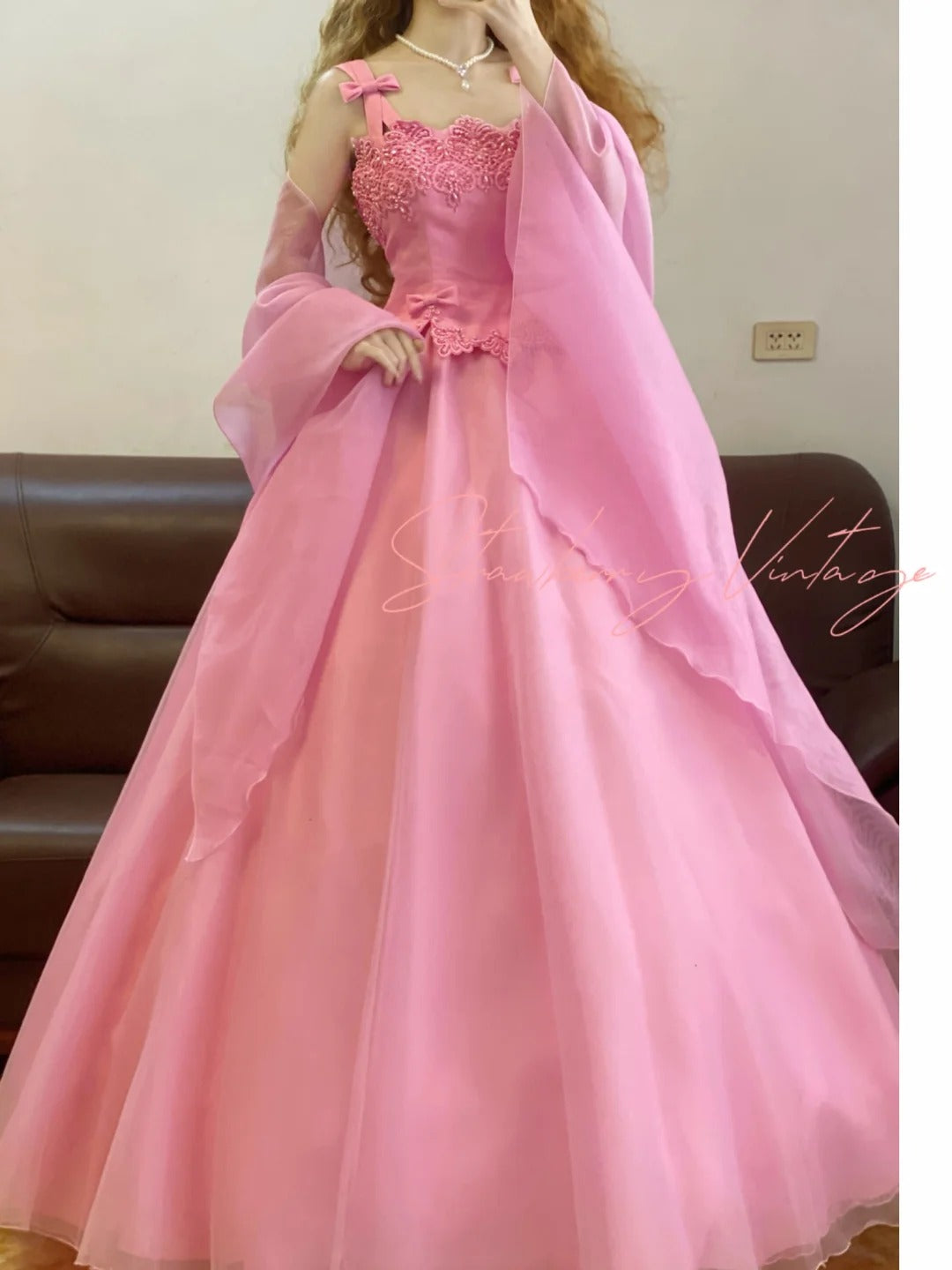 Pink Beaded Vintage Elegant Long Princess Satin Ball Gown nv5029