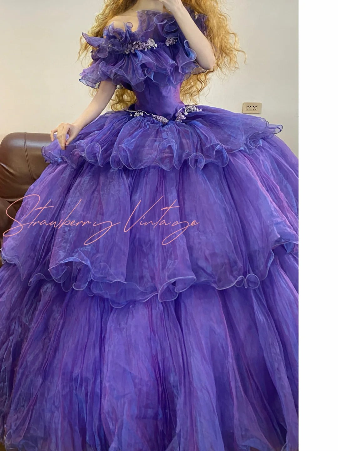 Purple applique vintage elegant long princess tulle ball gown nv5030