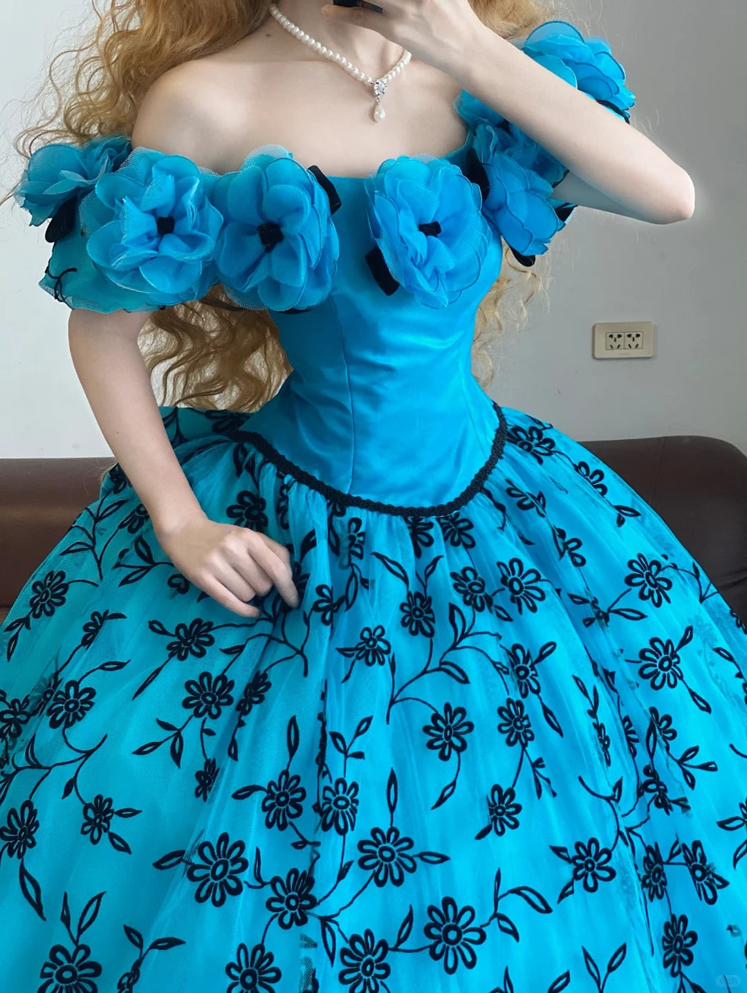 Blue Floral Long Tulle Vintage Ball Gown nv5040