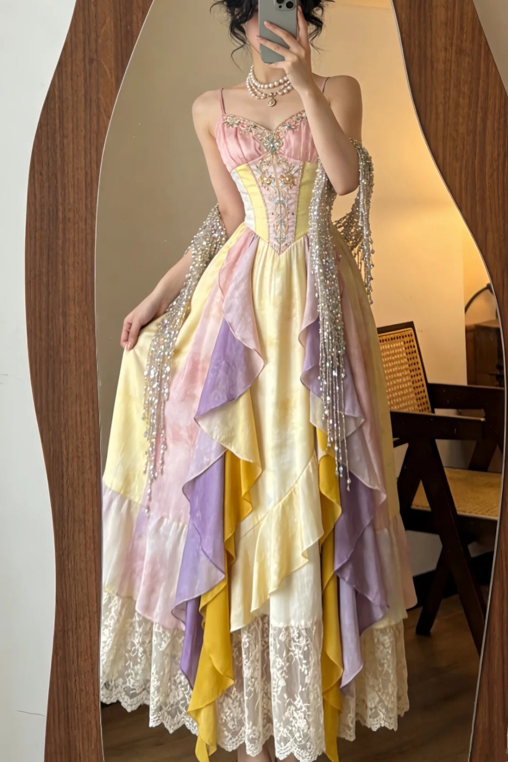 Macaron Color Block Velvet Spaghetti Strap Fringe Maxi Evening Dress NV6557