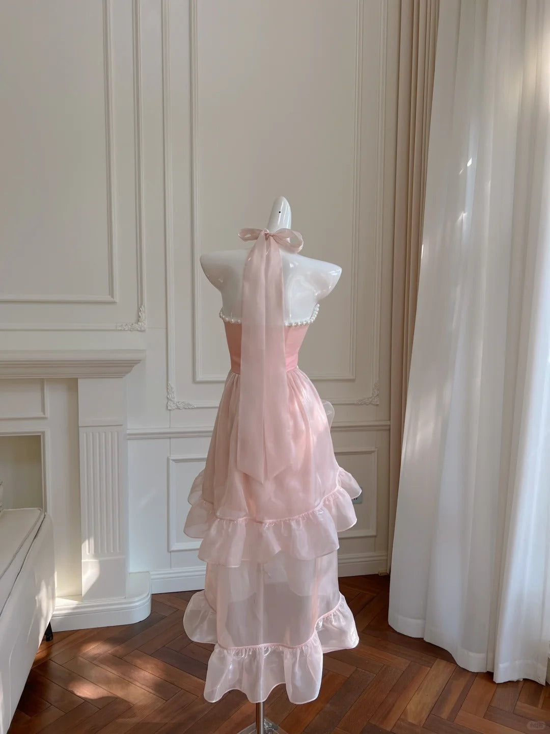 Rosa Perlen Neckholder Elegante Lange Rüschen Chiffon Ballkleid Abendkleid Partykleid nv4186