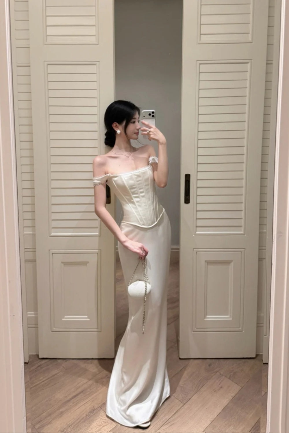 Silver-Cream Satin Off-the-Shoulder Lace Sleeve Slit Floor-Length Elegant Wedding Dress NV6232 – NiceVestidos